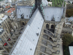 Flying buttresses supporting the arches of the Notre Dame cathedral.